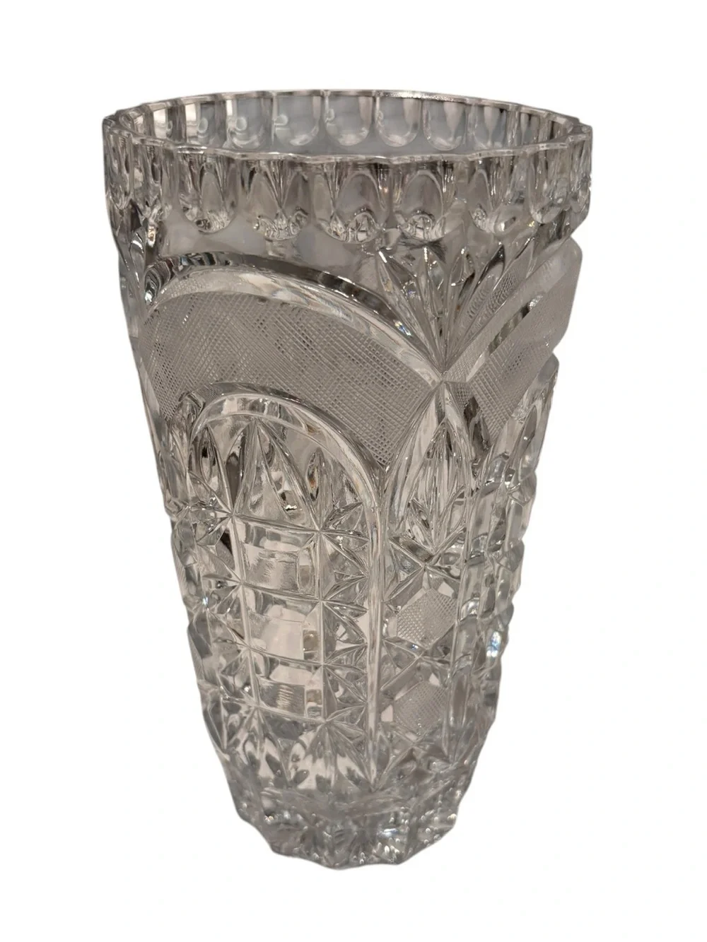Vintage Bohemian Hand Cut Lead Crystal Vase Crimped Rim 8.5” x 4.5”